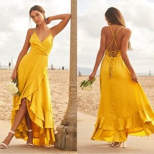 NWOT‎ Lulus In Love Forever Mustard Yellow Satin Lace-Up High-Low Maxi Dress